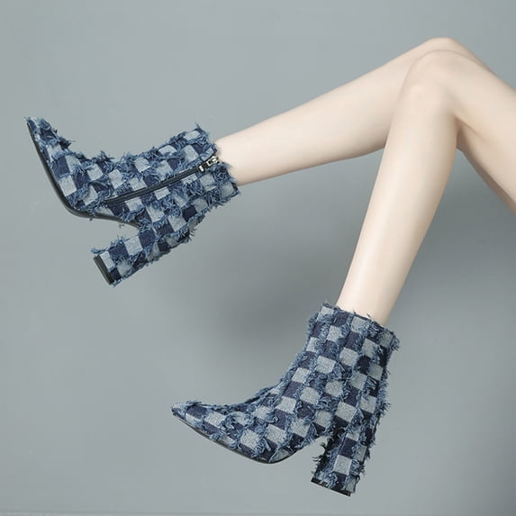 Women's Thick Heeled Mid Leg Boots With Checkered Denim Fabric