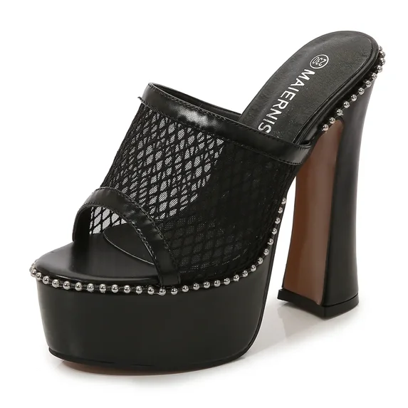 Women's Thick High Heels Shallow Mouth Mesh Fish Toe Black Platform Sandals with Round Rivet Slippers 14cm Heel 4cm Platform WZ