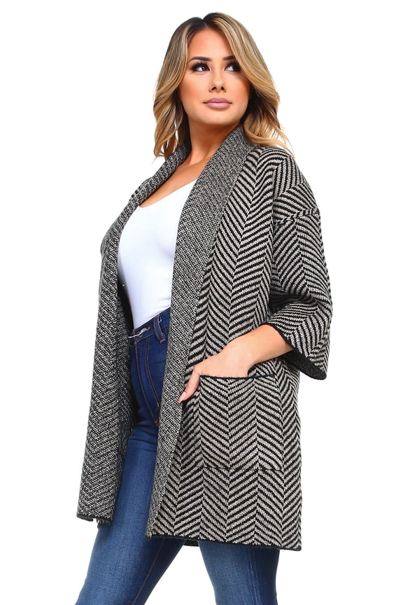 Women's Thick Knit Chevron Print Cardigan with Pockets