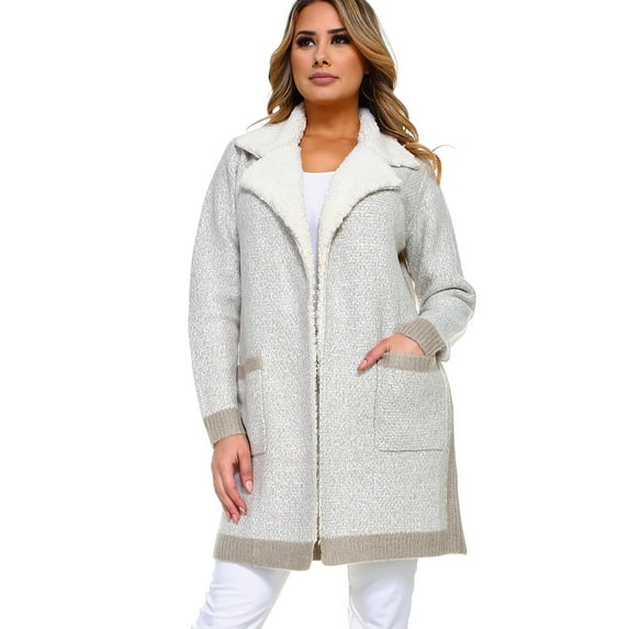 Women's Thick Knit Sherpa Collar Open Front Cardigan with Pockets