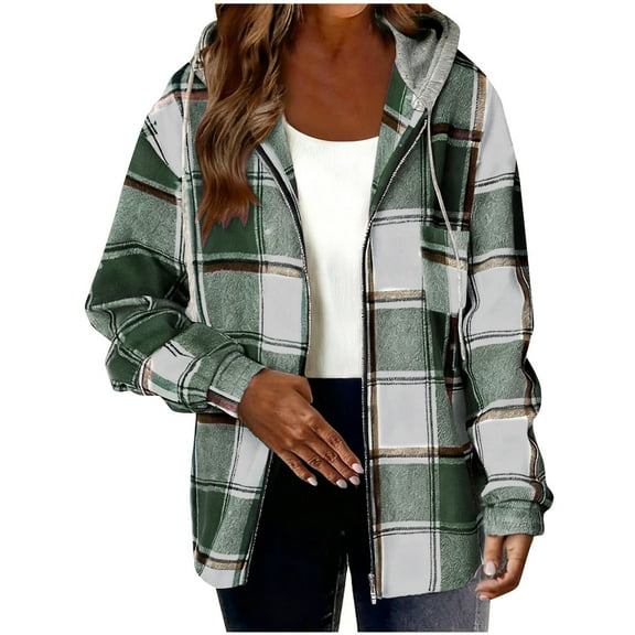 Women's Thick Plaid Hooded Sweatshirt with a Zipper Front and Long Sleeves, Styled as a Casual Coat or Top