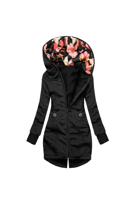 Women's Thick Short Jacket Women Fashion Floral Print Jacket Zipper Pocket Sweatshirt Long Sleeve Coat Women's Jackets Black,S