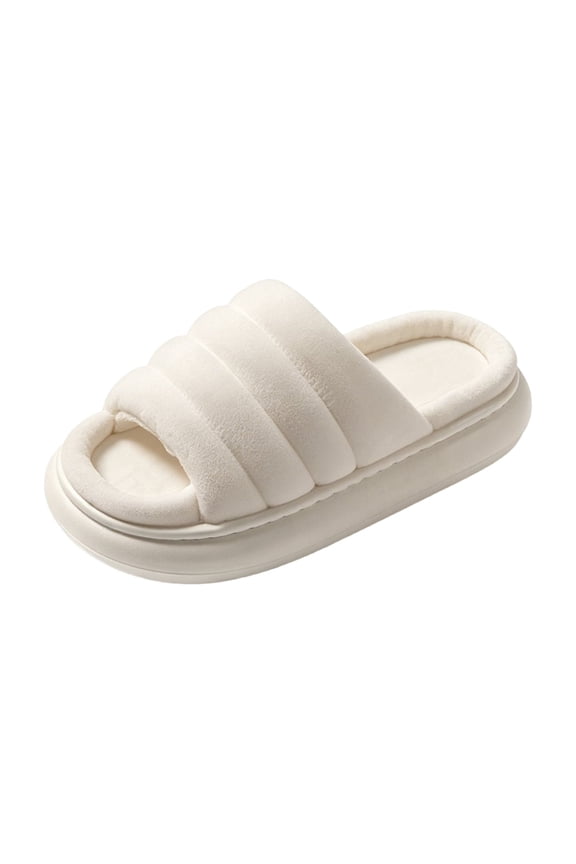 Women's Thick Sole Slippers Open Toe Puffy Winter House Shoes, Warm Plush Non-Slip Bedroom Slides, Padded Home Footwear for Ladies