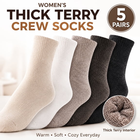 Women's Thick Terry Crew Socks 5 Pairs, Warm Winter Socks for Women, Soft Cushioned Mid Calf Boot Socks, Cozy Cold Weather Sock Pack
