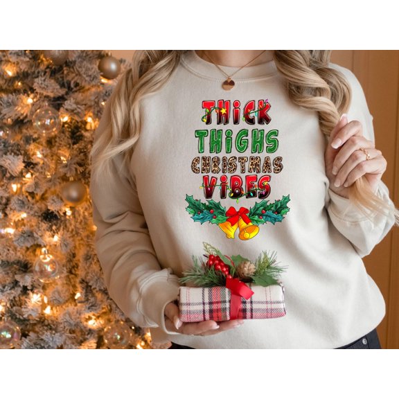 Women's Thick Thighs and Christmas Vibes Leopard Sweatshirt, Funny Christmas Shirts for Women