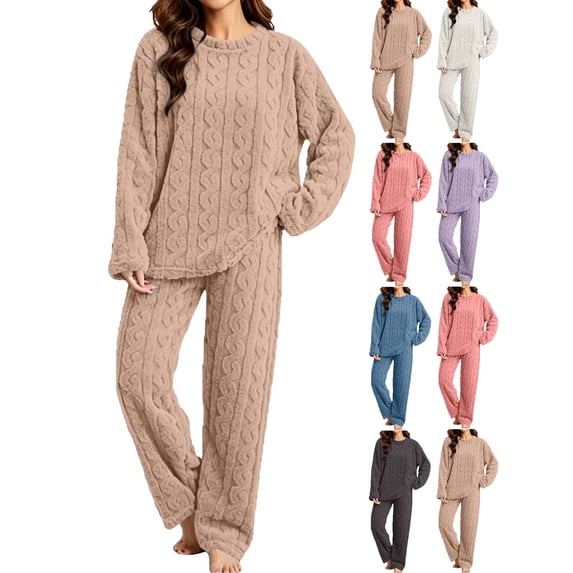 Women's Thick Warm Pajama Sets,Crew Neck Long Sleeve Top and Wide Leg Pants 2 Piece Fleece Loose Loungewear Sleepwear