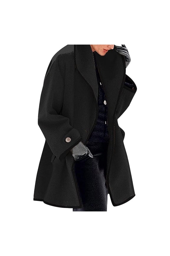Women's Thick Wool Hooded Cardigan, Solid Color Windbreaker Outerwear, Casual Daily Jacket, Black, XXL