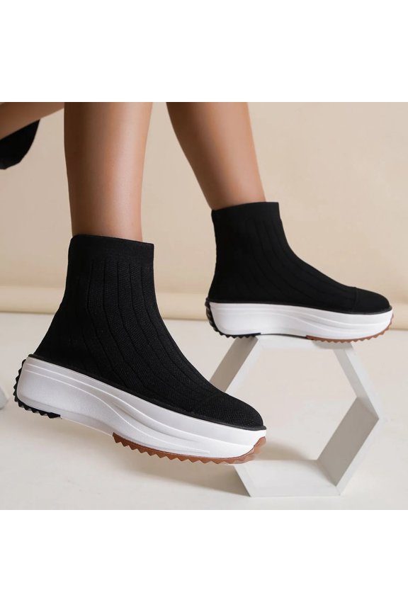 Women's Thick-soled Boots Knitted Round Toe Socks Shoes Casual Breathable Solid Color Flying Knit Ankle Boots