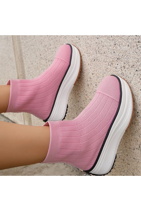 Women's Thick-soled Boots Knitted Round Toe Socks Shoes Casual Breathable Solid Color Flying Knit Ankle Boots