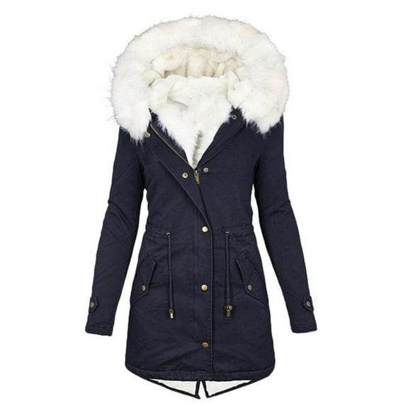 Women's Thicken Military Parka Jacket Winter Warm Fleece Cotton Long Coat Hoodies with Faux-Fur Collar