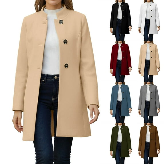 Women's Thicken Wool Stand Collar Pea Coat Jacket Outerwear with Inner Lining Pockets for Casual Daily Wear Business Office and Travel Fashion Essential Gift for Ladies | CSEONE,Khaki L