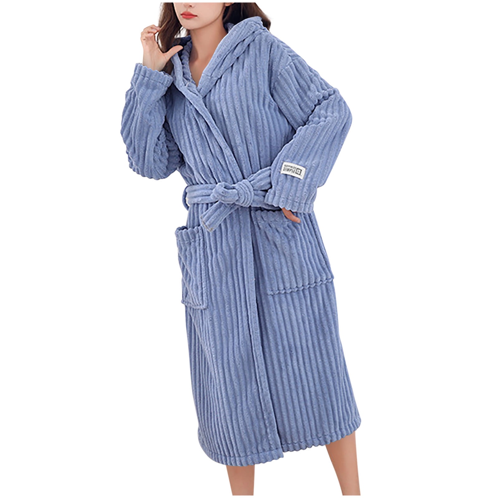 Women's Thickened Bathrobes Plus Velvet Padded Solid Color Sleepwear Casual  Long Sleeve Pocket Waist Tie Comfortable Sleepwear Robes Blue Free Size -  Walmart.com