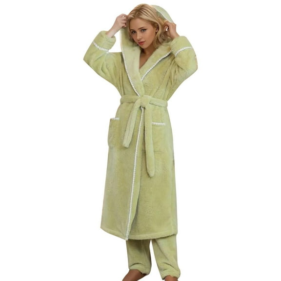 Women's Thickened Comfortable Cotton Plush Hooded Robe Winter Casual Wear Long Pajama Set