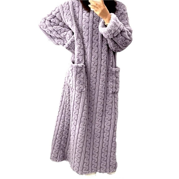 Women's Thickened Coral Fleece Nightgown, Loose Fit Long Sleeve Warm Pajamas with Extended Length for Autumn Winter Season, Home Lounge Wear, Comfortable Sleepwear and Casual Indoor Outfits Purple