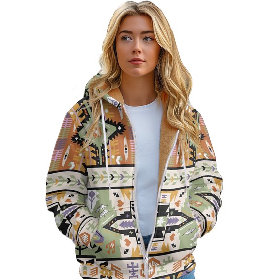Women's Thickened Hoodie Vintage Style Aboriginal Pattern Printed Zipper Jacket, Warm