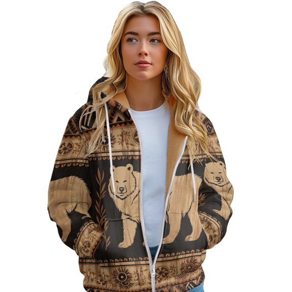 Women's Thickened Hoodie Vintage Style Aboriginal Pattern Printed Zipper Jacket, Warm