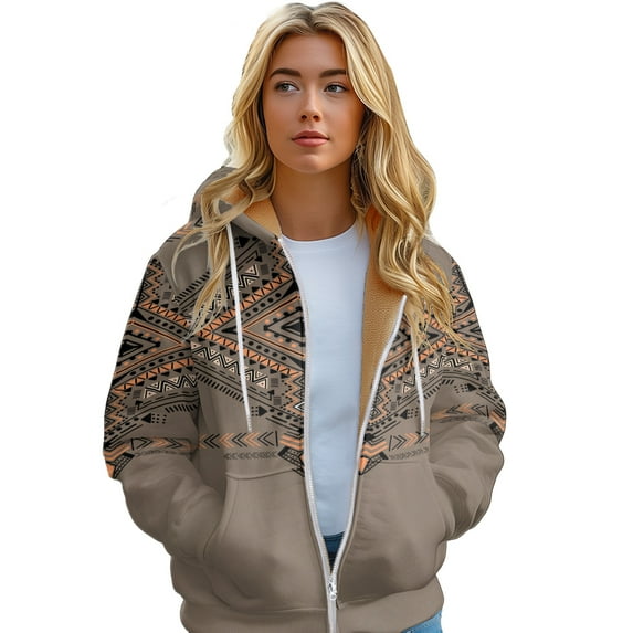 Women's Thickened Hoodie Vintage Style Aboriginal Pattern Printed Zipper Jacket, Warm