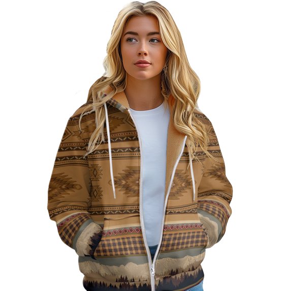 Women's Thickened Hoodie Vintage Style Aboriginal Pattern Printed Zipper Jacket, Warm