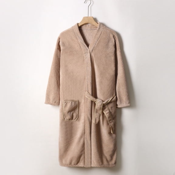 Women's Thickened Robe Solid Color Long Sleeve Fleece Absorbent Bandage Bathrobe Short Robes Coffee One Size