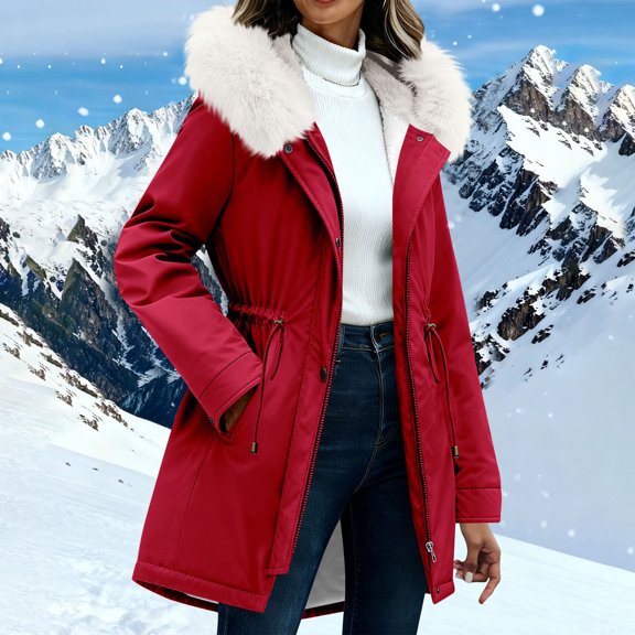 Women's Thickened Windproof Parka Winter Warm Fleece Lined Jacket Casual Loose Fit with Drawstring Durable Outerwear for Outdoor & Daily Use Red M