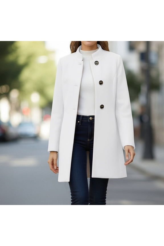 Women's Thickened Wool Stand Collar Inner Lining Pea Coat Jacket Outerwear, Casual Warm Winter Coat with Pockets, Classic Solid Color Long Coat for Women | CSEONE,White XL