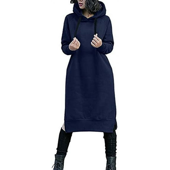 Women's Thickening Long Fleece Sweatshirt String Hoodie Dress Pullover Plus Size
