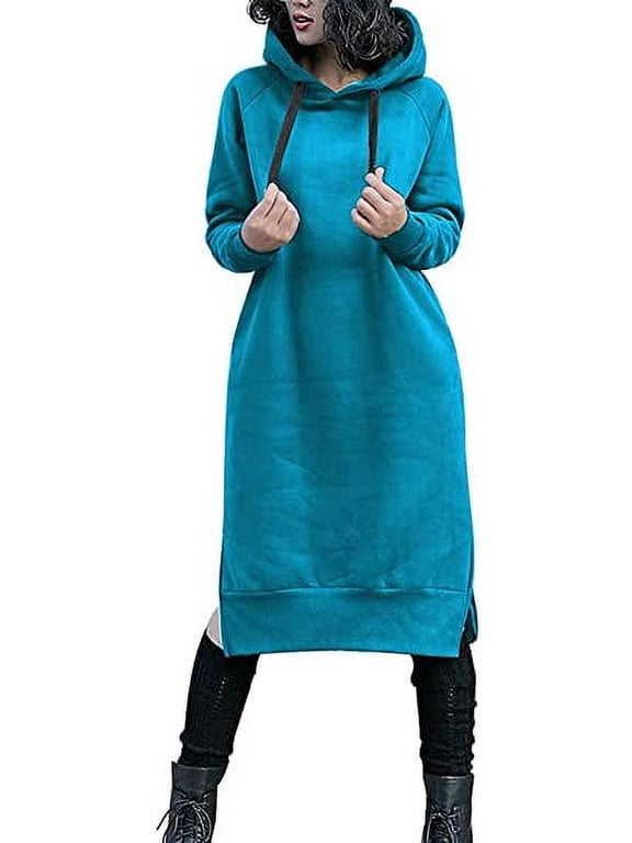 Women's Thickening Long Fleece Sweatshirt String Hoodie Dress Pullover Plus Size