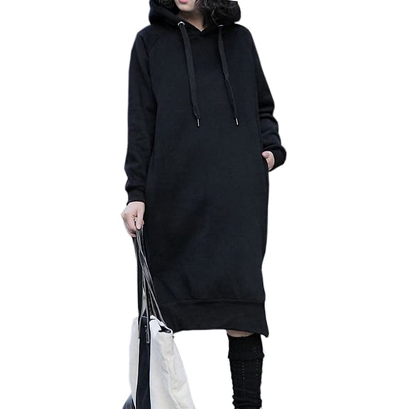 Women's Thickening Long Fleece Sweatshirt String Hoodie Dress Pullover Plus Size