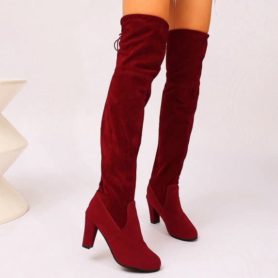 Women's Thigh High Long Boots Over the Knee Block Heel Tie-Top Stretch Shaft Slender High Heel Boot Wine 6.5