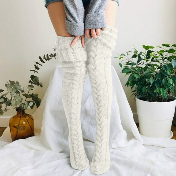 Women's Thigh High Socks Over the Knee Cable Knit Boot Socks, Long Warm Fashion Leg Warmers Winter Extra Long Winter Stockings Beige