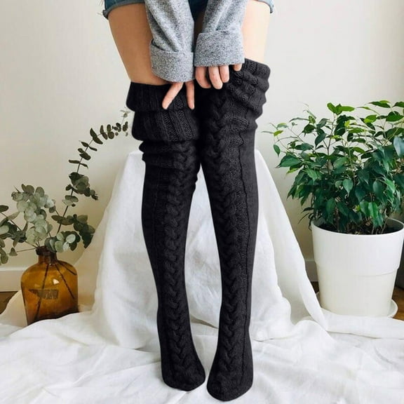Women's Thigh High Socks Over the Knee Cable Knit Boot Socks, Long Warm Fashion Leg Warmers Winter Extra Long Winter Stockings Black