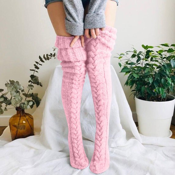 Women's Thigh High Socks Over the Knee Cable Knit Boot Socks, Long Warm Fashion Leg Warmers Winter Extra Long Winter Stockings Pink