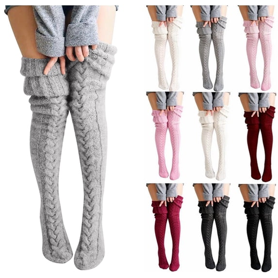 Women's Thigh High Socks Over the Knee Cable Knit Boot Socks, Long Warm Fashion Leg Warmers Winter Gray One Size
