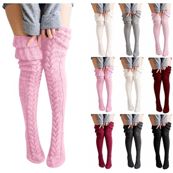 Women's Thigh High Socks Over the Knee Cable Knit Boot Socks, Long Warm Fashion Leg Warmers Winter Pink One Size