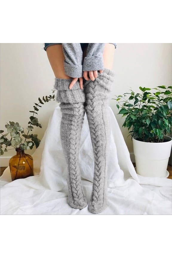 Women's Thigh High Socks Over the Knee Cable Knit Boot Socks, Warm Long Stockings Leg Warmers for Winter Outfits Gray One Size