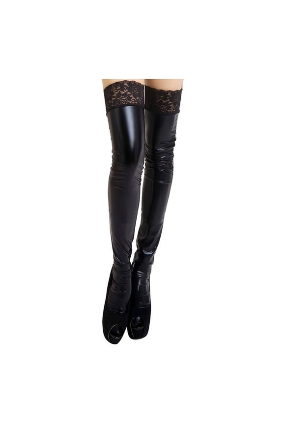 Women's Thigh High Stockings Faux Leather Lace Trim Thigh High Stockings - Shiny PU Latex Stretch Socks - Sensual Party & Role Play Costume Wear