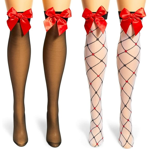Women's Thigh-High Stockings, Hearts and Bow Sheer Pantyhose (One Size, 2 Pairs)