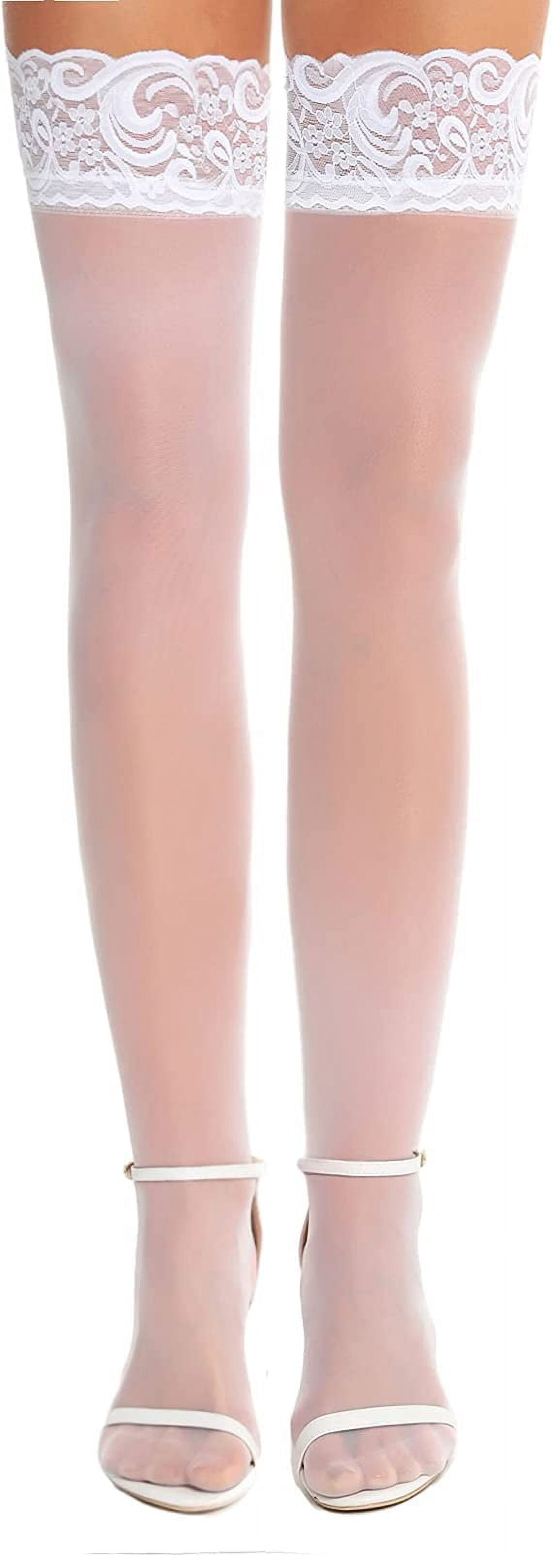 Women's Thigh High Stockings, Pure Sheer Pantyhose Female Solid Lace Over Knee Thigh High Socks Tights