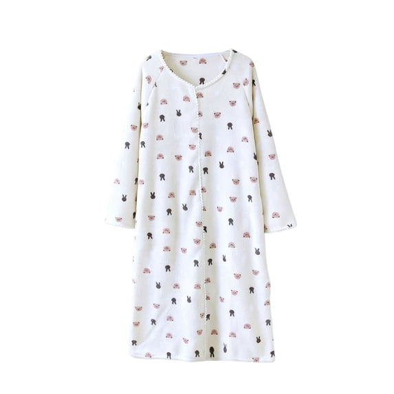 Women's Thin Bathrobe Long Sleeve Crewneck Graphic Pullover Robe Pajamas Home Wear Beige M