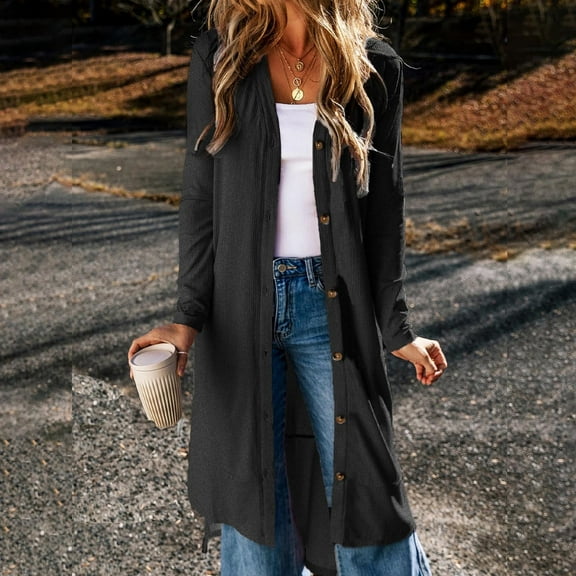 Women's Thin Button Up Casual Jacket Long Sleeve V Neck Slit Hem Hooded​​