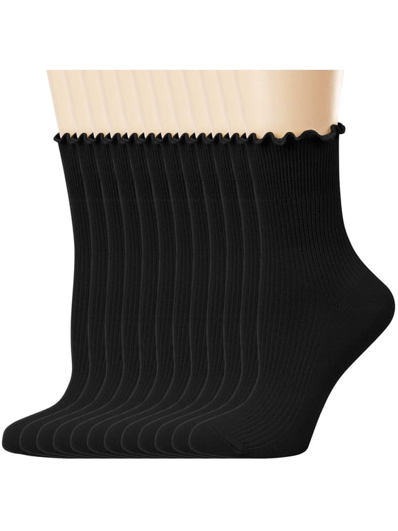 Women's Thin Cotton Socks, Ruffle Turn-Cuff Casual Ankle Breathable Cool Knit Cotton Lettuce Crew Frilly Sock 12 Pack(Black)