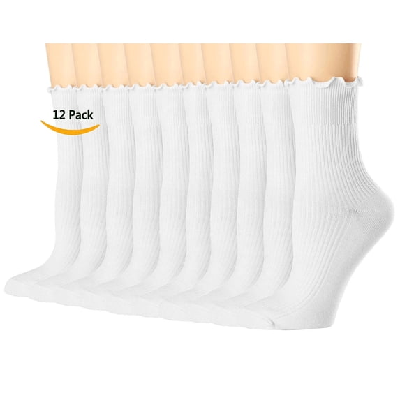 Women's Thin Cotton Socks, Ruffle Turn-Cuff Casual Ankle Breathable Cool Knit Cotton Lettuce Crew Frilly Sock 12 Pack(White)