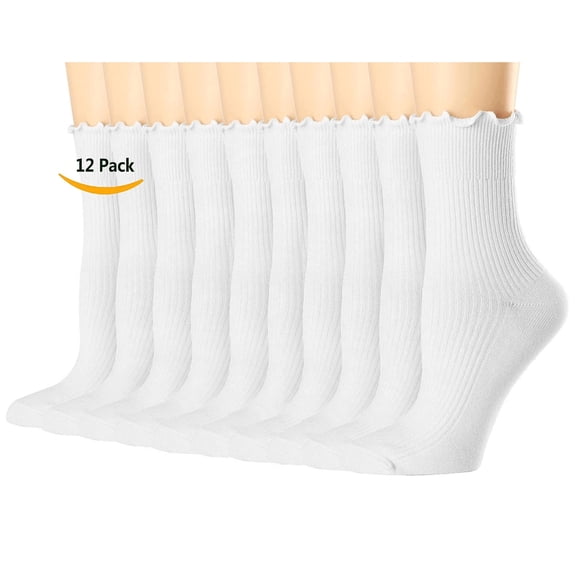 Women's Thin Cotton Socks, Ruffle Turn-Cuff Casual Ankle Breathable Cool Knit Cotton Lettuce Crew Frilly Sock 12 Pack(White)