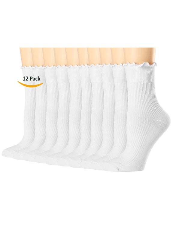 Women's Thin Cotton Socks, Ruffle Turn-Cuff Casual Ankle Breathable Cool Knit Cotton Lettuce Crew Frilly Sock 12 Pack(White)
