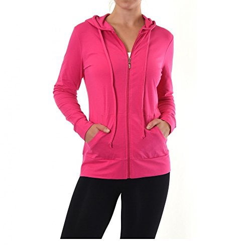 Women's Thin Cotton Zip Up Hoodie Jacket (L, Fuchsia)
