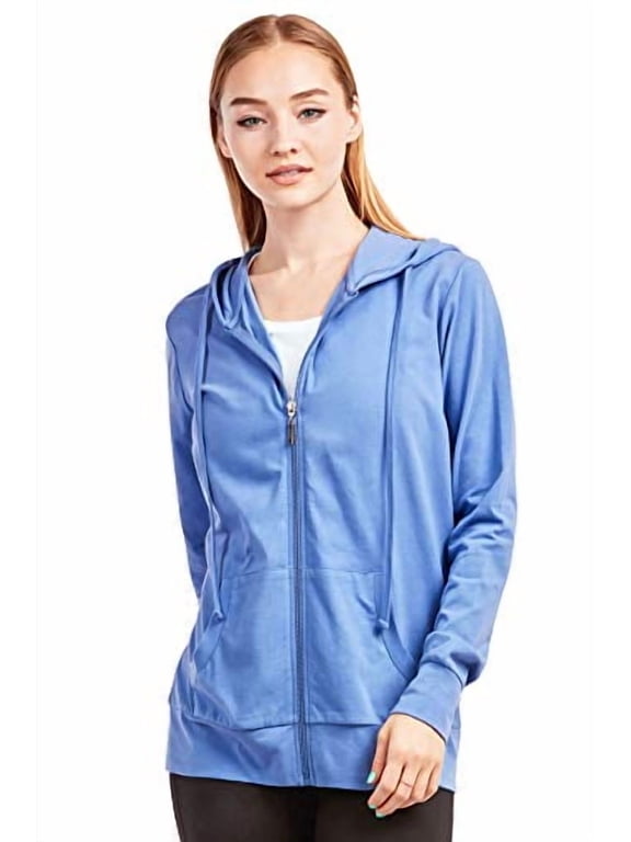 Women's Thin Cotton Zip Up Hoodie Jacket (S, Blue)