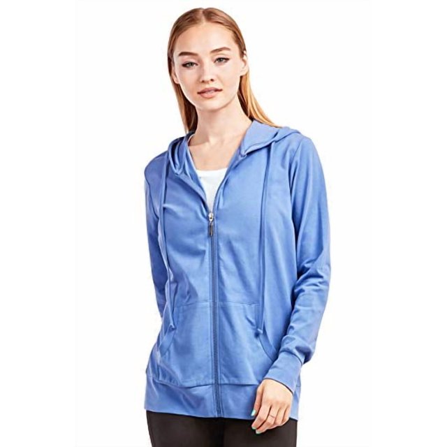 Women's Thin Cotton Zip Up Hoodie Jacket (S, Blue)