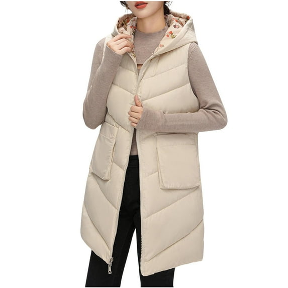 Women's Thin Down Vests Winter Hooded Collar Sleeveless Outerwear Slim Light Pocket Zipper Thermal Down Tops Beige M