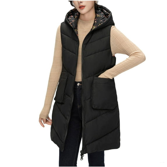 Women's Thin Down Vests Winter Hooded Collar Sleeveless Outerwear Slim Light Pocket Zipper Thermal Down Tops Black M