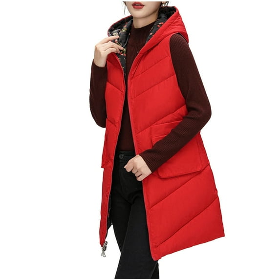 Women's Thin Down Vests Winter Hooded Collar Sleeveless Outerwear Slim Light Pocket Zipper Thermal Down Tops Red L